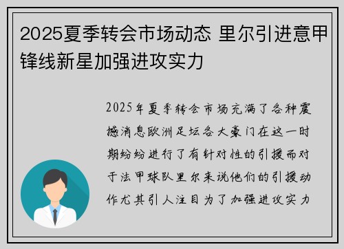 2025夏季转会市场动态 里尔引进意甲锋线新星加强进攻实力 2025夏季转会市场动态 里尔引进意甲锋线新星加强进攻实力