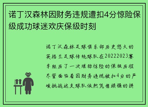 诺丁汉森林因财务违规遭扣4分惊险保级成功球迷欢庆保级时刻